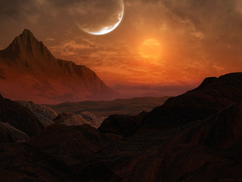 Alien Planet Landscape — Orange, Dramatic, Sunset, Digital Art, Mountains, Moon, Sun, Brown