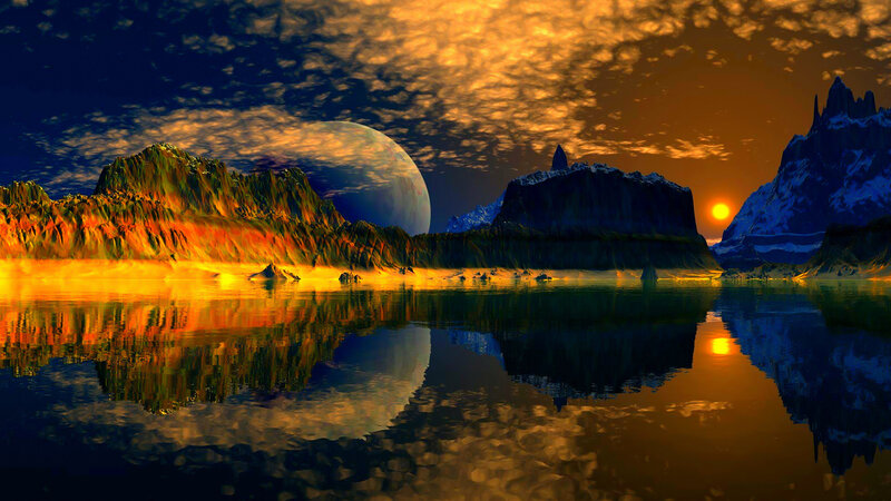 Alien Planet Landscape — Orange, Dramatic, Sunset, Digital Art, Mountains, Moon, Sun