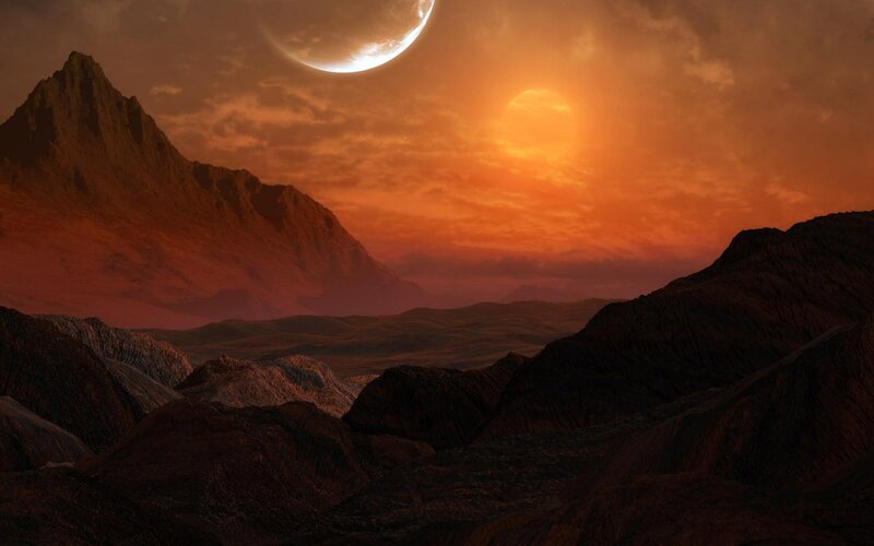 Alien Planet Landscape — Orange, Dramatic, Sunset, Digital Art, Mountains, Moon