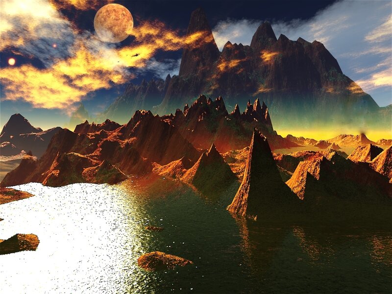 Alien Planet Landscape — Orange, Dramatic, Sunset, Digital Art, Mountains, Moon, Water