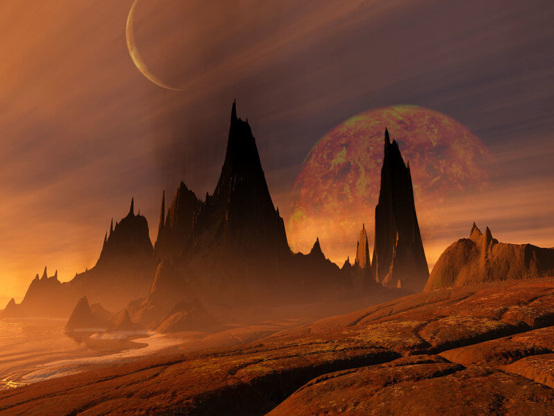 Alien Planet Landscape — Orange, Dramatic, Sunset, Digital Art, Mountains, Planets