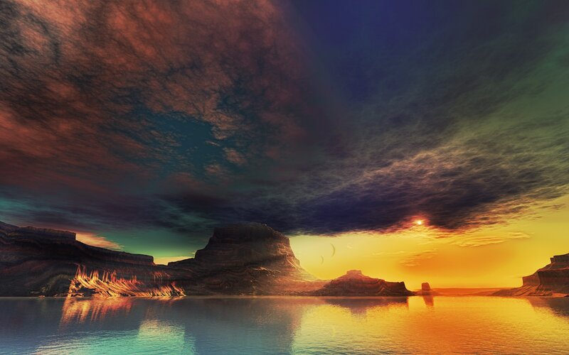 Alien Planet Landscape — Orange, Dramatic, Sunset, Digital Art, Mountains, Water, Sun