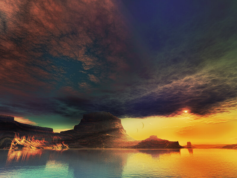 Alien Planet Landscape — Orange, Dramatic, Sunset, Digital Art, Mountains, Water