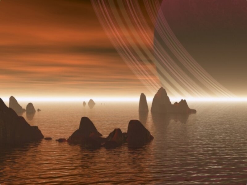 Alien Planet Landscape — Orange, Dramatic, Sunset, Digital Art, Ocean, Rocks