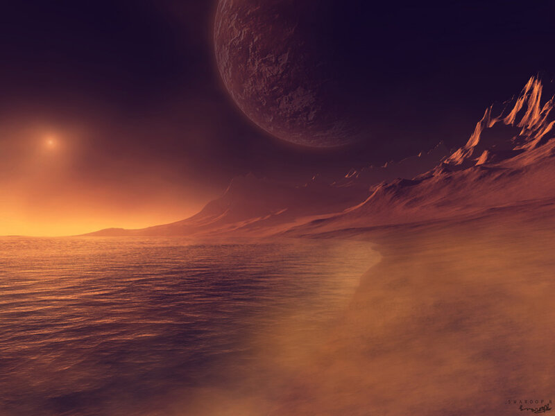 Alien Planet Landscape — Orange, Dramatic, Sunset, Digital Art, Ocean