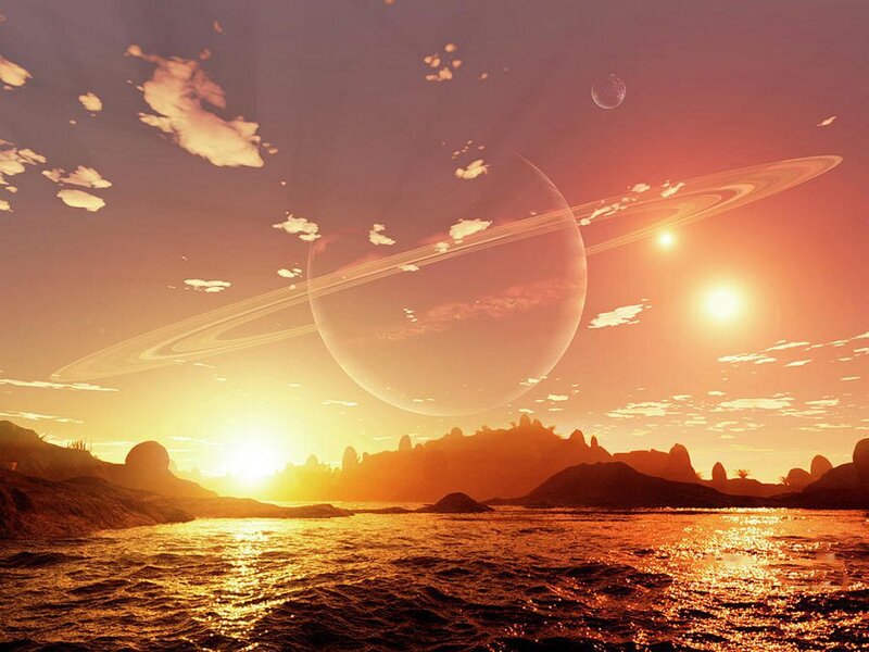 Alien Planet Landscape — Orange, Dramatic, Sunset, Digital Art, Planet with Rings