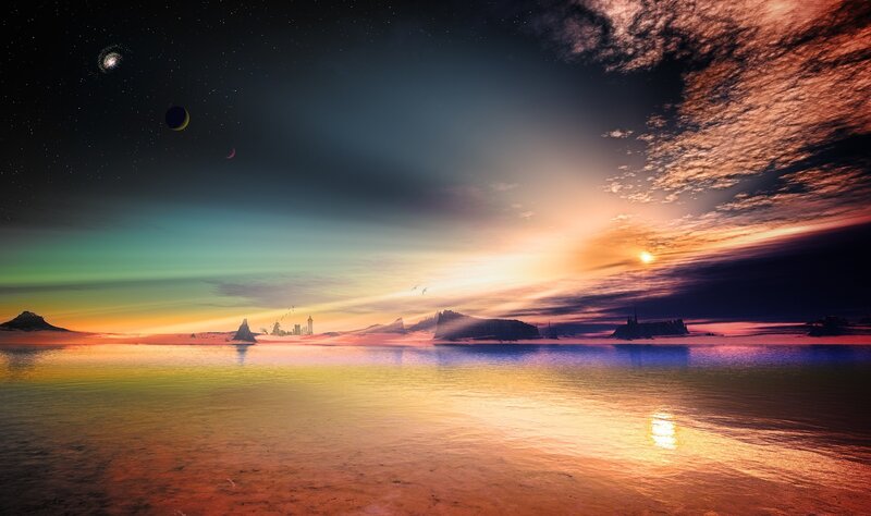 Alien Planet Landscape — Orange, Dramatic, Sunset, Digital Art, Planets, Aurora