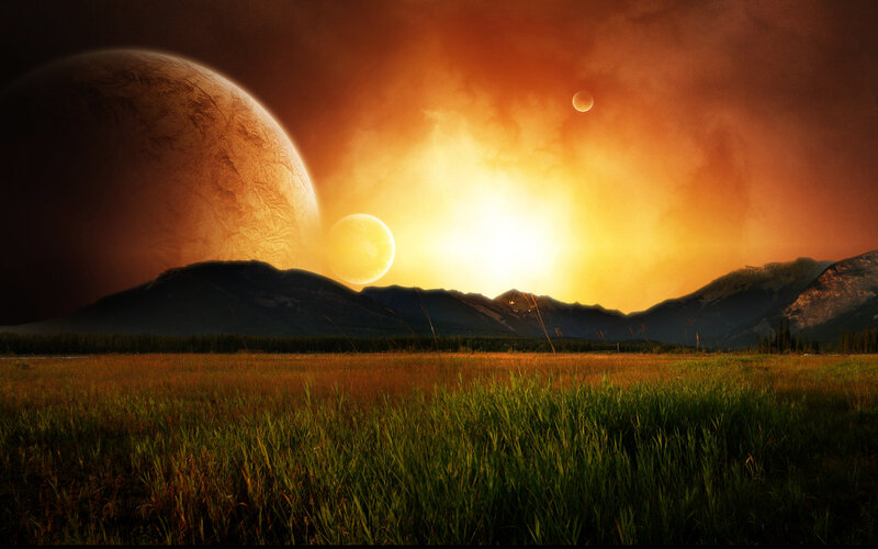 Alien Planet Landscape — Orange, Dramatic, Sunset, Digital Art, Planets, Mountains, Grass Field