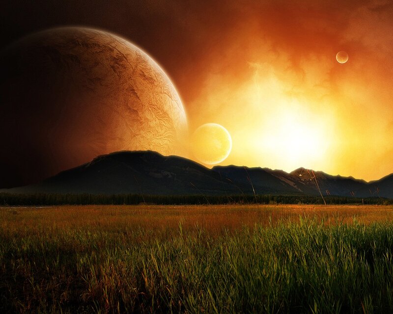 Alien Planet Landscape — Orange, Dramatic, Sunset, Digital Art, Planets, Mountains, Grass, Yellow