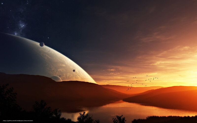 Alien Planet Landscape — Orange, Dramatic, Sunset, Digital Art, Planets, River, Birds