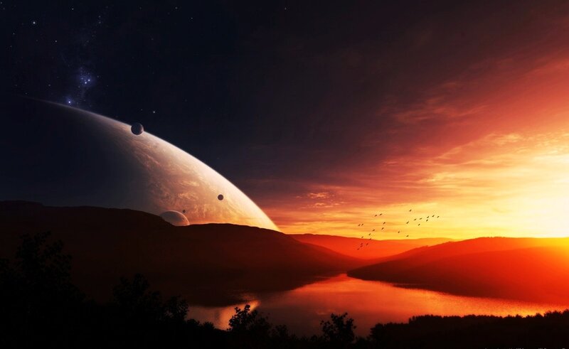 Alien Planet Landscape — Orange, Dramatic, Sunset, Digital Art, Planets, River