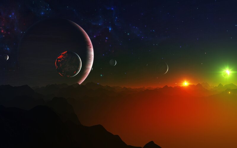 Alien Planet Landscape — Orange, Dramatic, Sunset, Digital Art, Planets, Stars, Mountains, Black