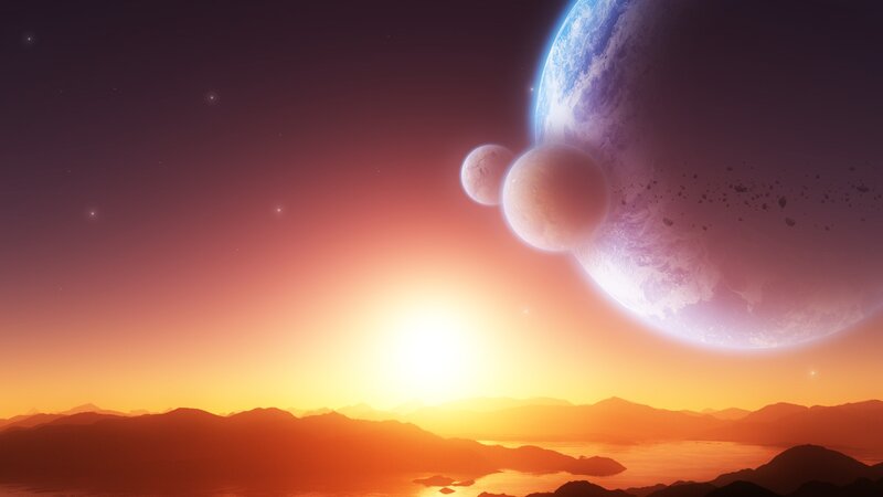 Alien Planet Landscape — Orange, Dramatic, Sunset, Digital Art, Planets, Stars, Mountains