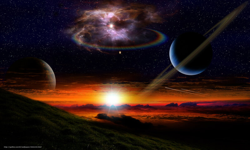 Alien Planet Landscape — Orange, Dramatic, Sunset, Digital Art, Planets, Stars, Nebula