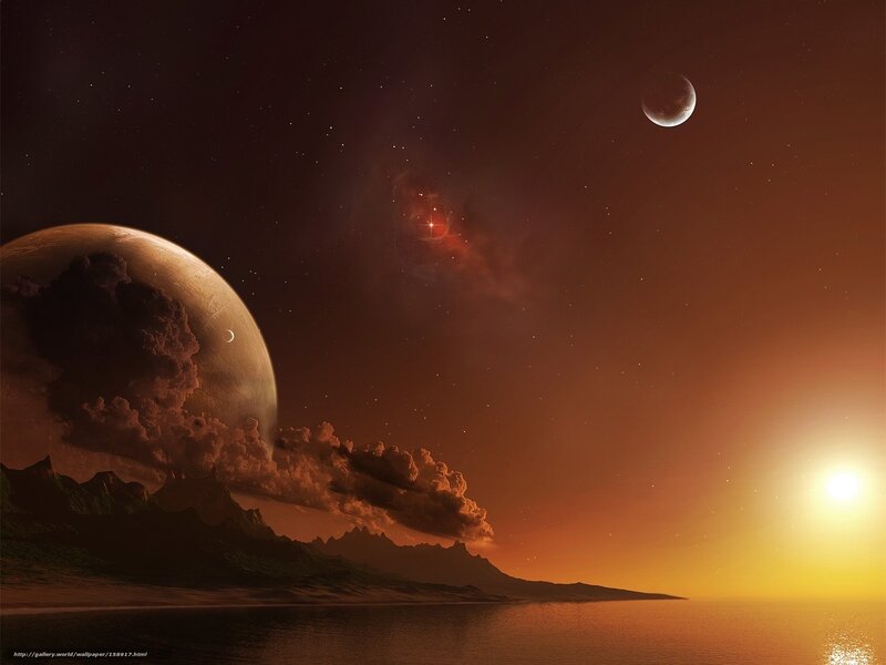 Alien Planet Landscape — Orange, Dramatic, Sunset, Digital Art, Planets, Stars, Ocean