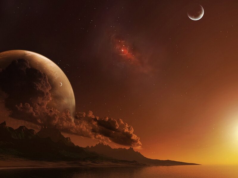 Alien Planet Landscape — Orange, Dramatic, Sunset, Digital Art, Planets, Stars