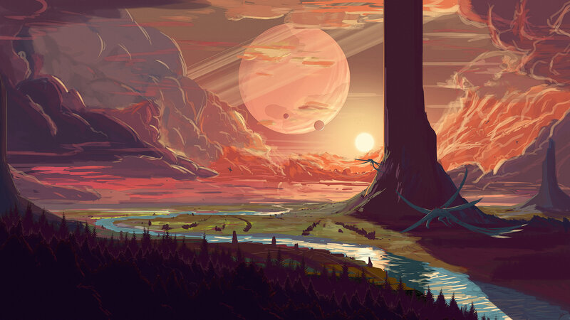 Alien Planet Landscape — Orange, Dramatic, Sunset, Digital Art, River