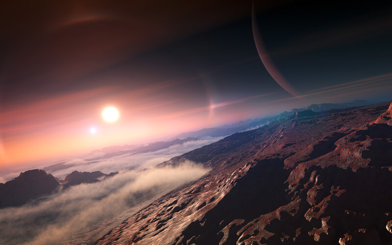 Alien Planet Landscape — Orange, Dramatic, Sunset, Digital Art, Sun, Clouds, Rings
