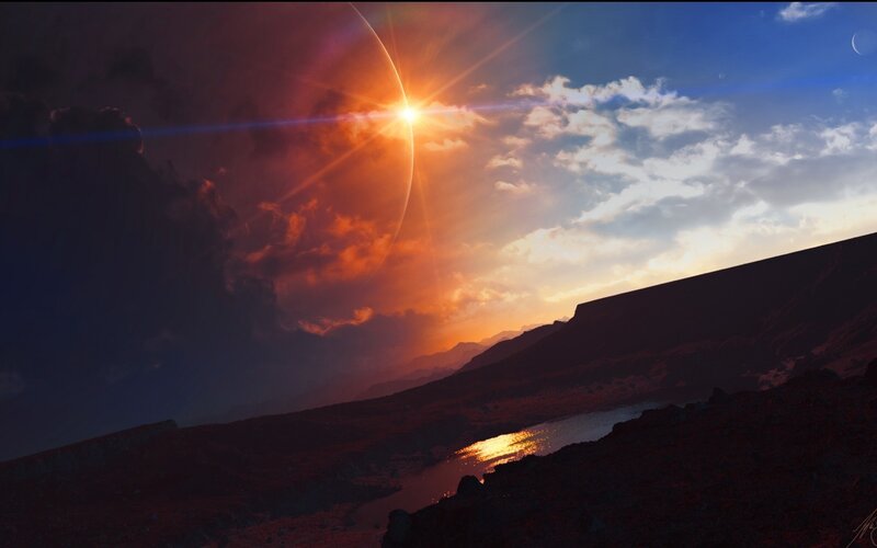 Alien Planet Landscape — Orange, Dramatic, Sunset, Digital Art, Sun, Clouds