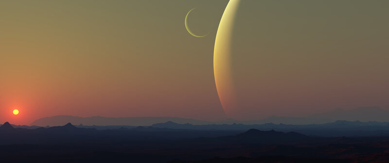 Alien Planet Landscape — Orange, Dramatic, Sunset, Digital Art, Sun, Moon, Mountains