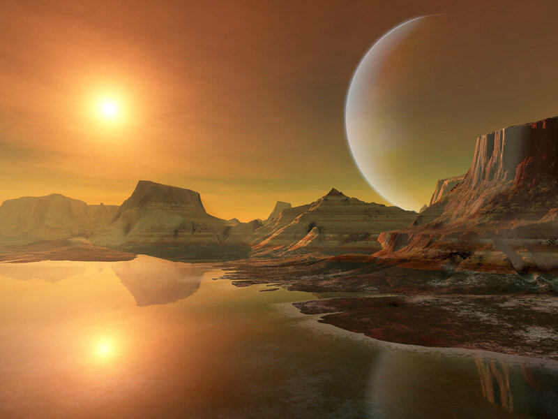 Alien Planet Landscape — Orange, Dramatic, Sunset, Digital Art, Sun, Moon, Mountains, Water