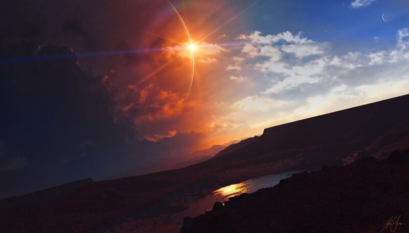Alien Planet Landscape — Orange, Dramatic, Sunset, Digital Art, Sun, Moon