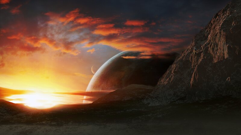 Alien Planet Landscape — Orange, Dramatic, Sunset, Digital Art, Sun, Mountain