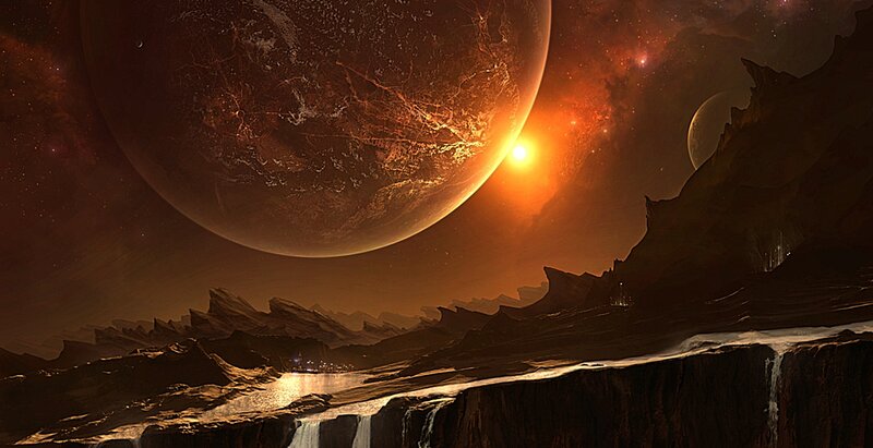 Alien Planet Landscape — Orange, Dramatic, Sunset, Digital Art, Sun, Mountains, Brown
