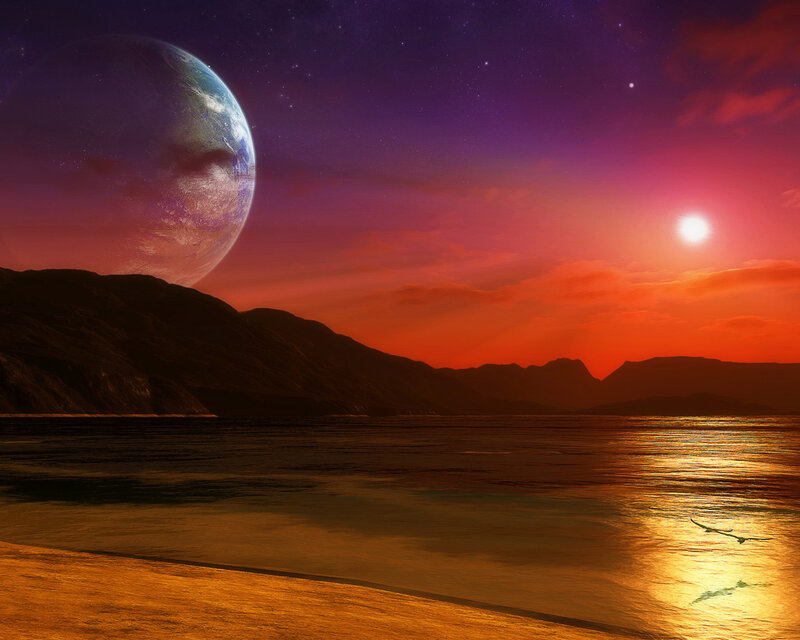 Alien Planet Landscape — Orange, Dramatic, Sunset, Digital Art, Sun, Mountains