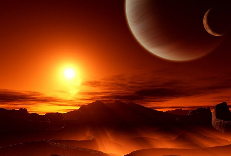 Alien Planet Landscape — Orange, Dramatic, Sunset, Digital Art, Sun, Planets