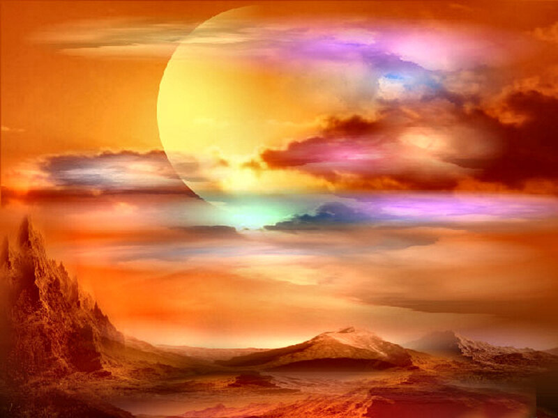 Alien Planet Landscape — Orange, Dramatic, Sunset, Digital Art, Sun