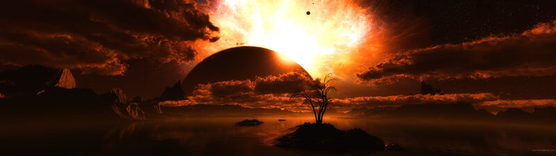 Alien Planet Landscape — Orange, Dramatic, Sunset, Digital Art, Sun, Tree