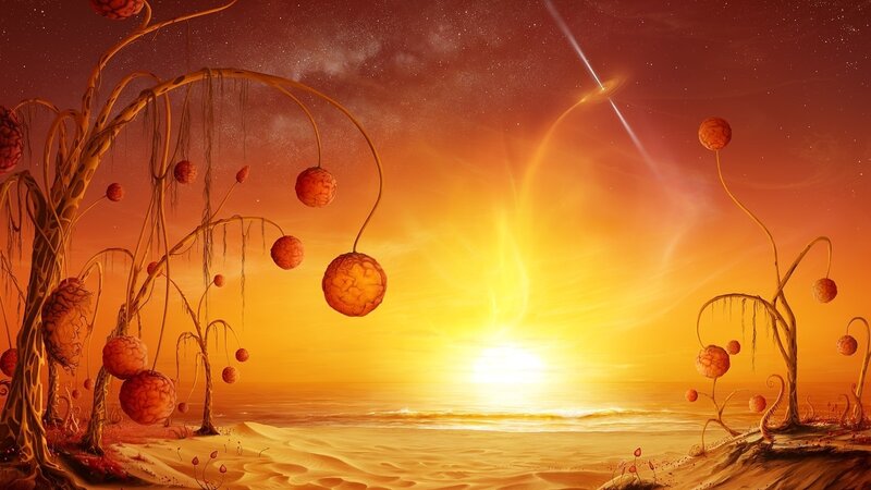 Alien Planet Landscape — Orange, Dramatic, Sunset, Digital Art, Trees