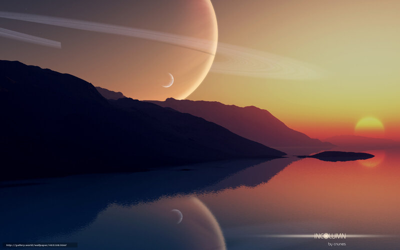 Alien Planet Landscape — Orange, Serene, Sunset, Digital Art, Mountains, Moon, Ring