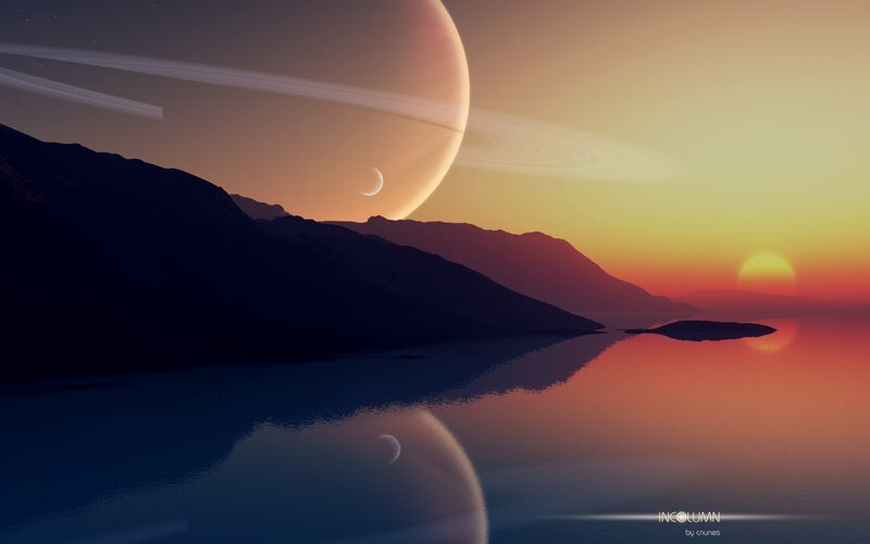 Alien Planet Landscape — Orange, Serene, Sunset, Digital Art, Mountains, Moon, Sun