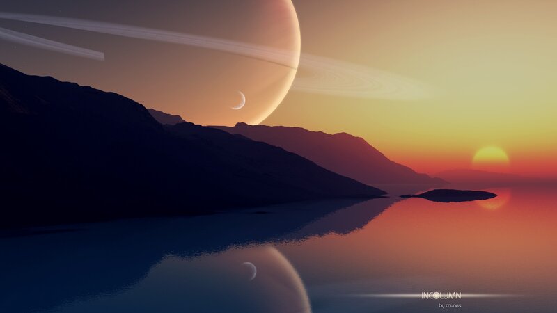 Alien Planet Landscape — Orange, Serene, Sunset, Digital Art, Mountains, Moon