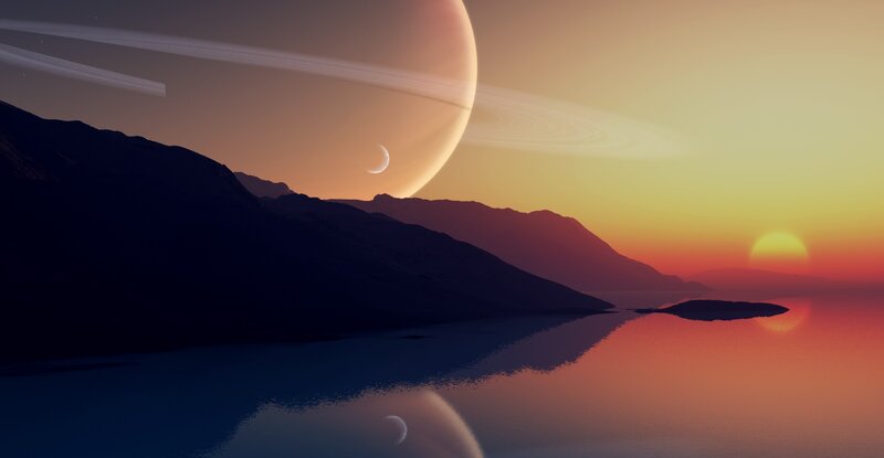 Alien Planet Landscape — Orange, Serene, Sunset, Digital Art, Mountains