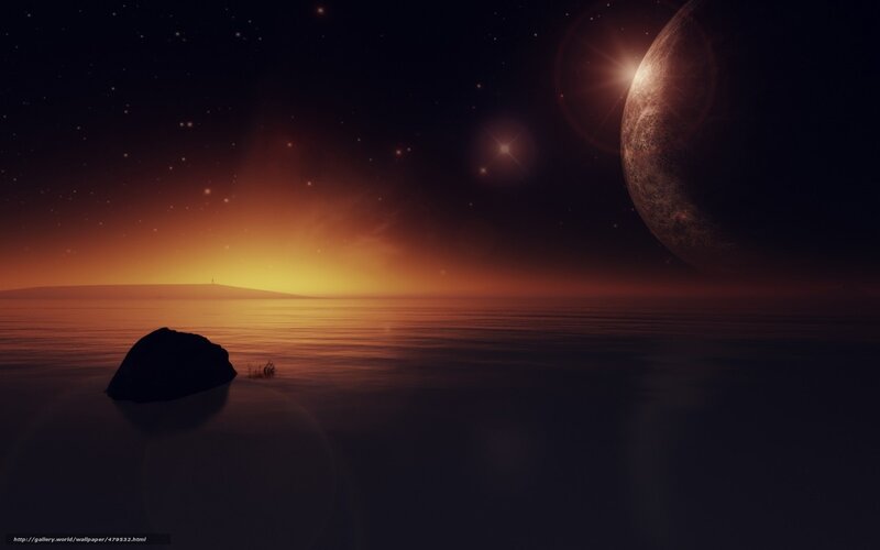 Alien Planet Landscape — Orange, Serene, Sunset, Digital Art, Star