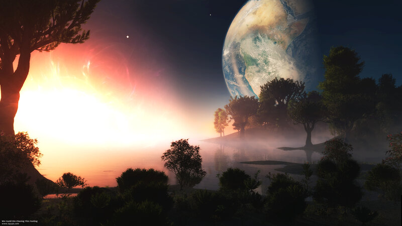 Alien Planet Landscape — Orange, Serene, Sunset, Digital Art, Sun