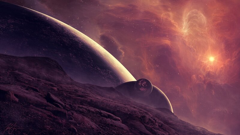 Alien Planet Landscape — Purple, Dramatic, Digital Art, Moon
