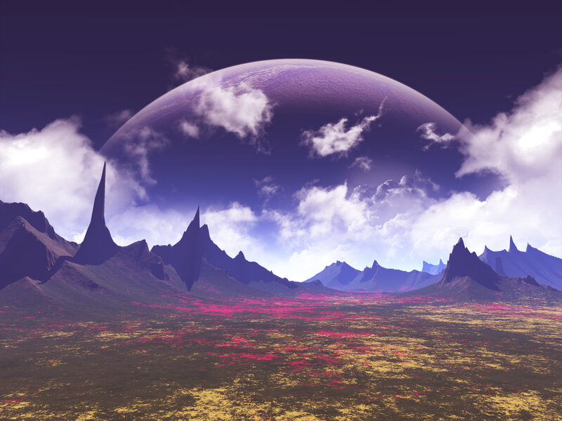 Alien Planet Landscape — Purple, Dramatic, Digital Art, Mountains