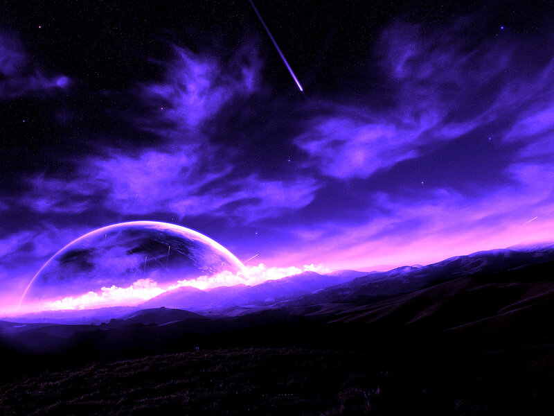 Alien Planet Landscape — Purple, Dramatic, Night, Digital Art, Meteor
