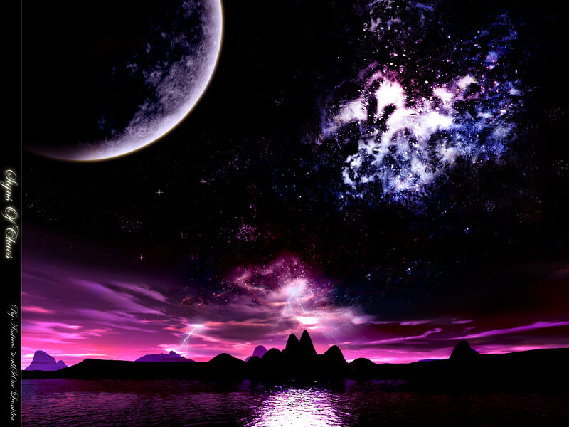 Alien Planet Landscape — Purple, Dramatic, Night, Digital Art, Moon, Lightning