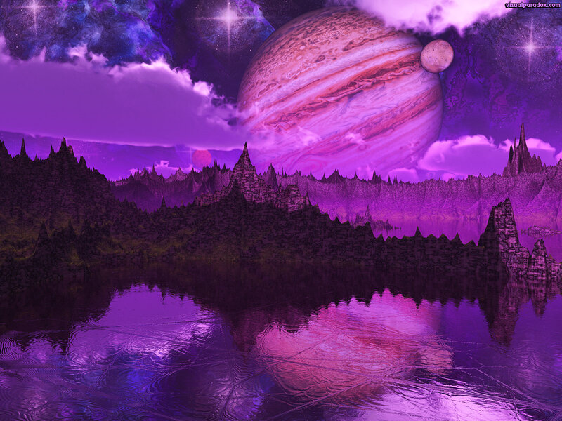 Alien Planet Landscape — Purple, Dramatic, Night, Digital Art, Moon, Mountains