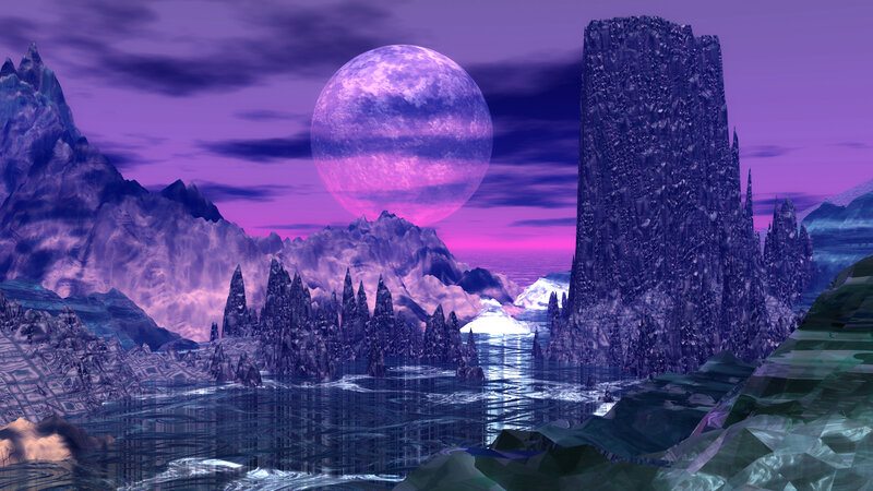 Alien Planet Landscape — Purple, Dramatic, Night, Digital Art, Moon, Mountains, Water