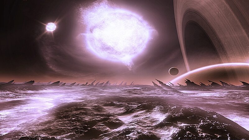 Alien Planet Landscape — Purple, Dramatic, Night, Digital Art, Moon, Rings, Star