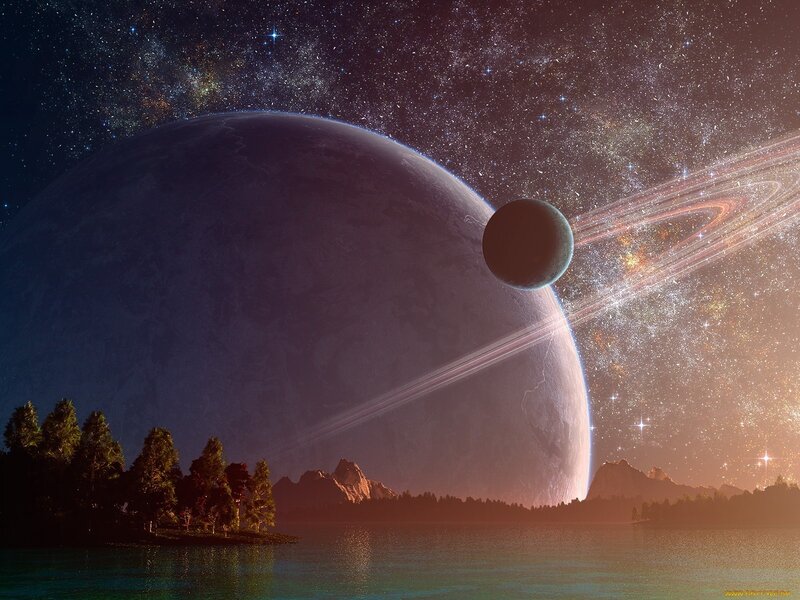Alien Planet Landscape — Purple, Dramatic, Night, Digital Art, Moon, Rings