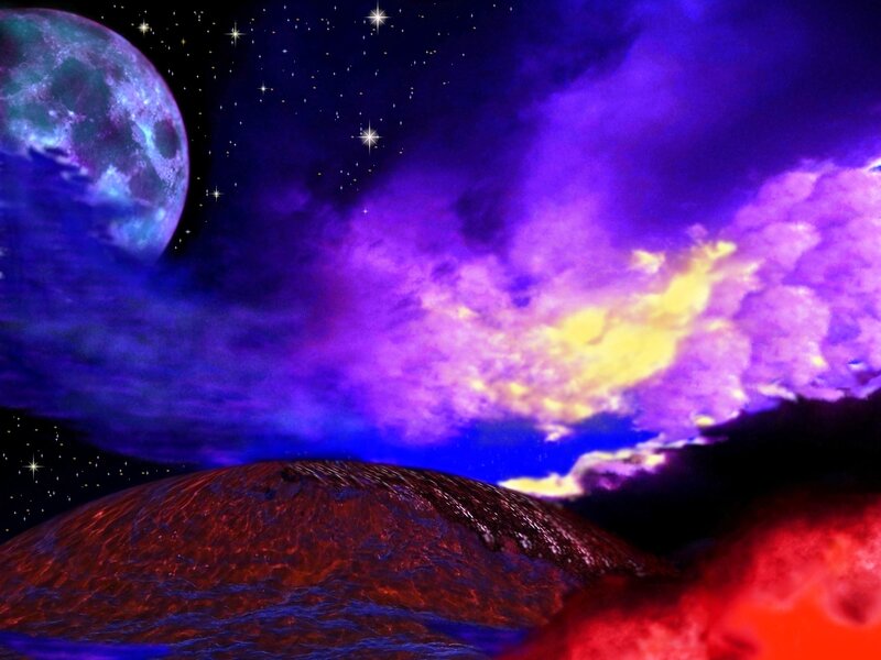 Alien Planet Landscape — Purple, Dramatic, Night, Digital Art, Moon, Stars, Clouds