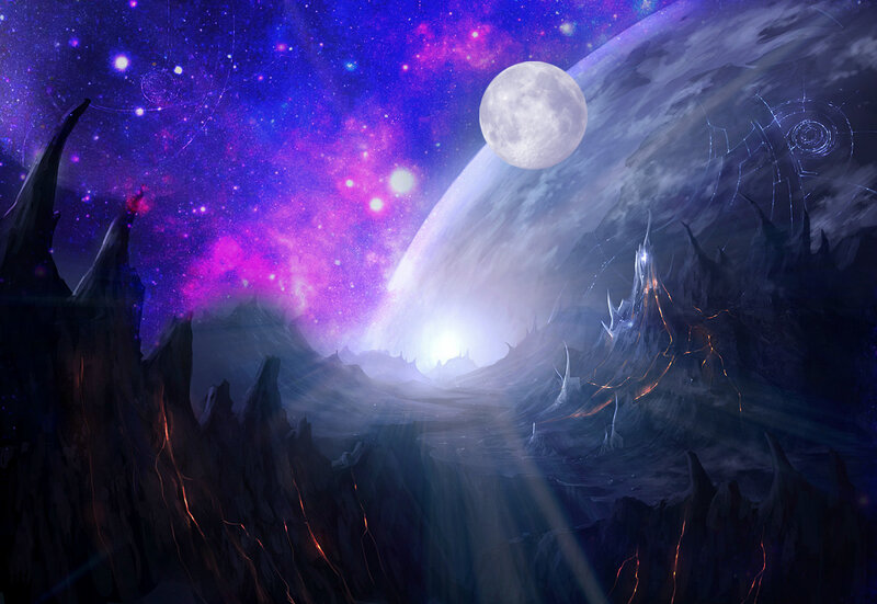 Alien Planet Landscape — Purple, Dramatic, Night, Digital Art, Moon, Stars