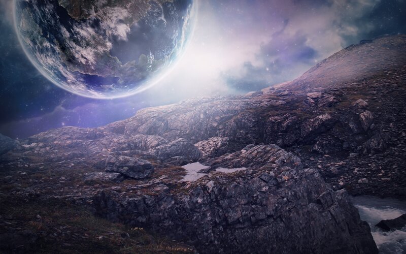 Alien Planet Landscape — Purple, Dramatic, Night, Digital Art, Mountain, River